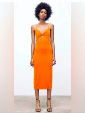 Zara Sleek Orange Twist-Front Midi Dress